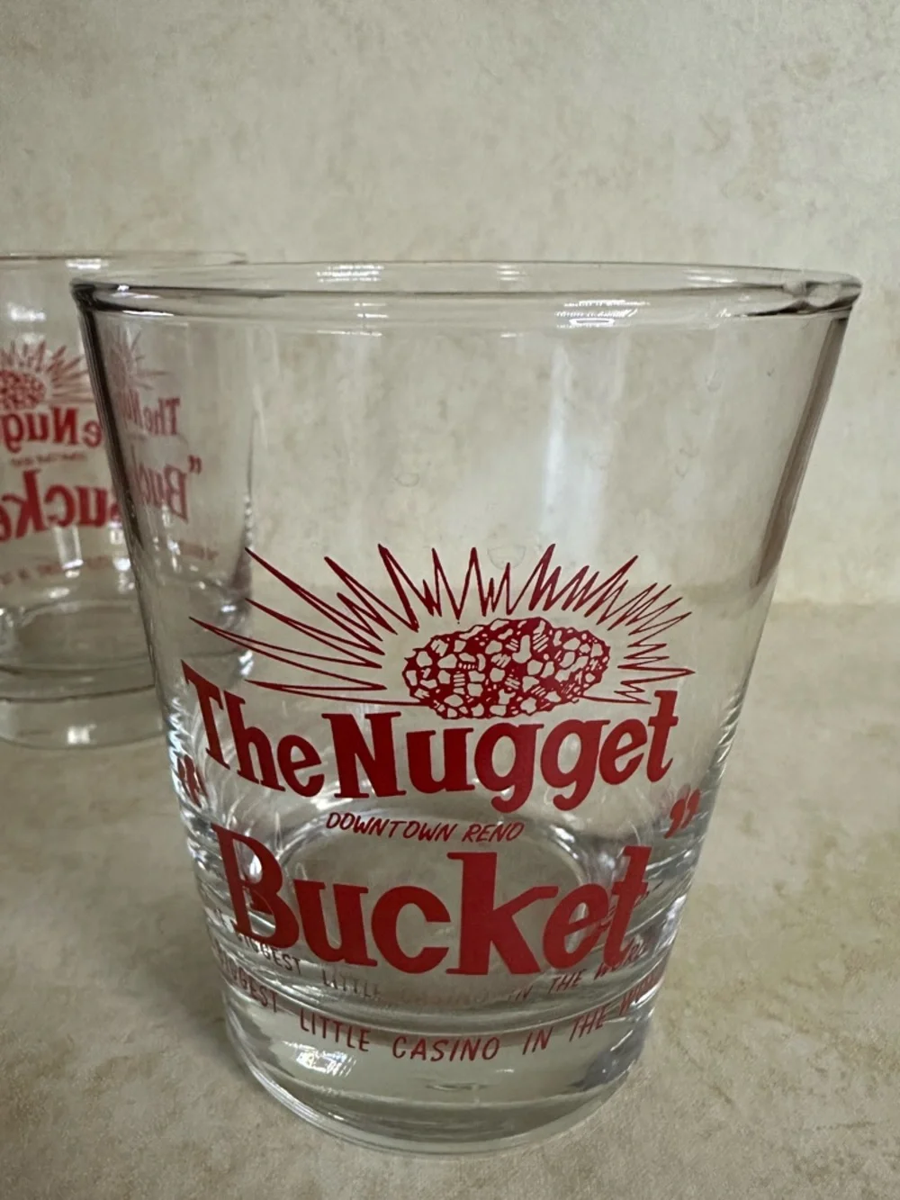 2 Vintage The Nugget Bucket Reno Casino Cocktail Bar Glasses Red Lettering 4.5”
